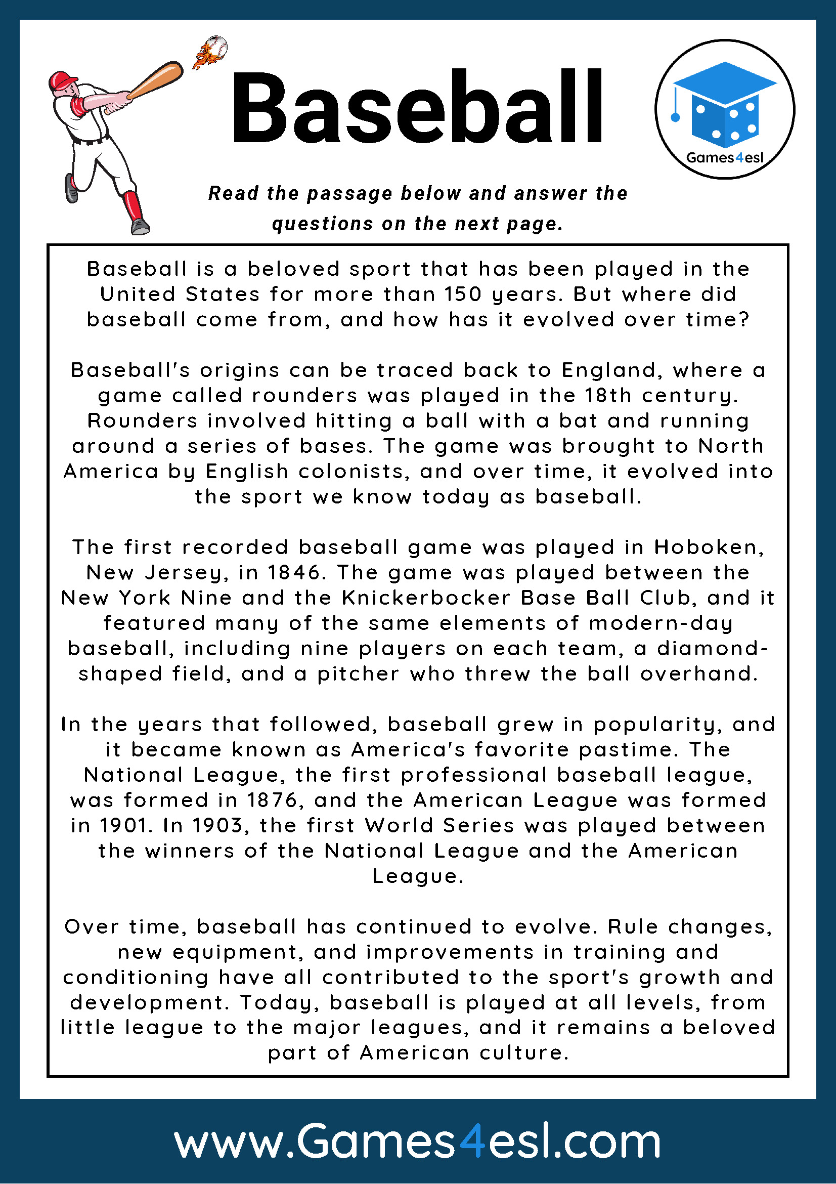 Baseball Reading Comprehension Worksheet