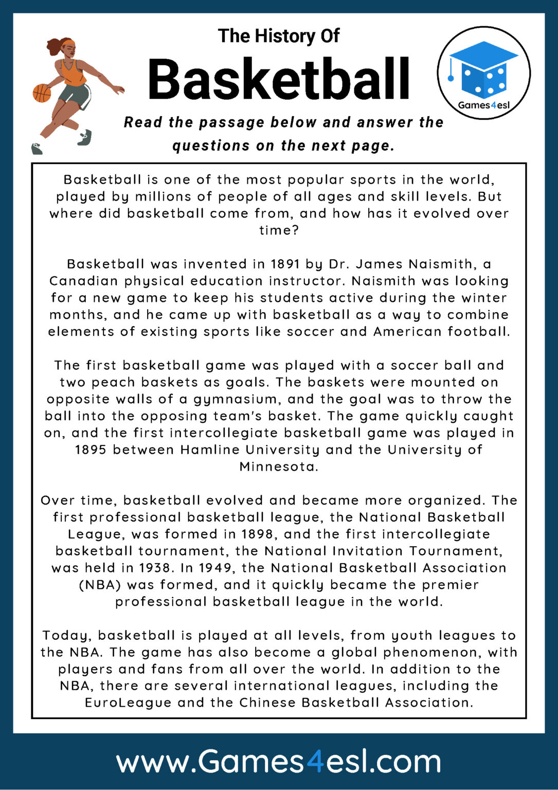 Basketball Reading Comprehension Worksheet | Games4esl