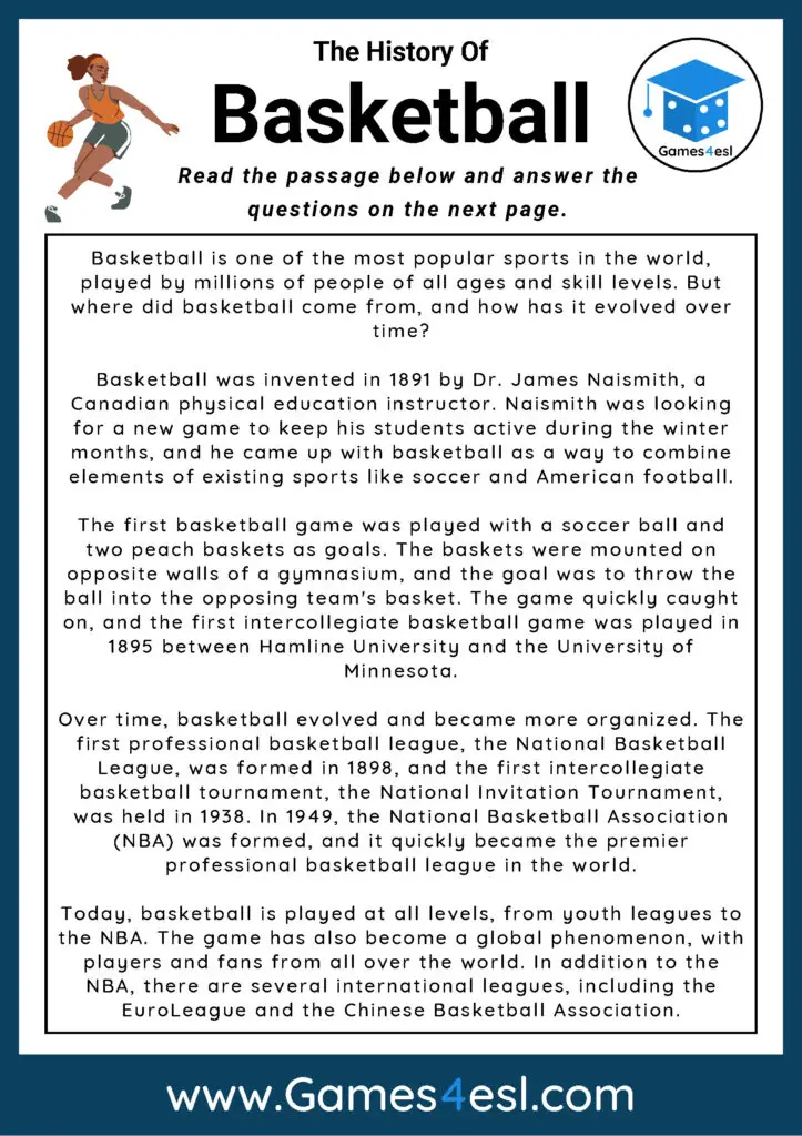 Reading Comprehension Worksheet About Basketball