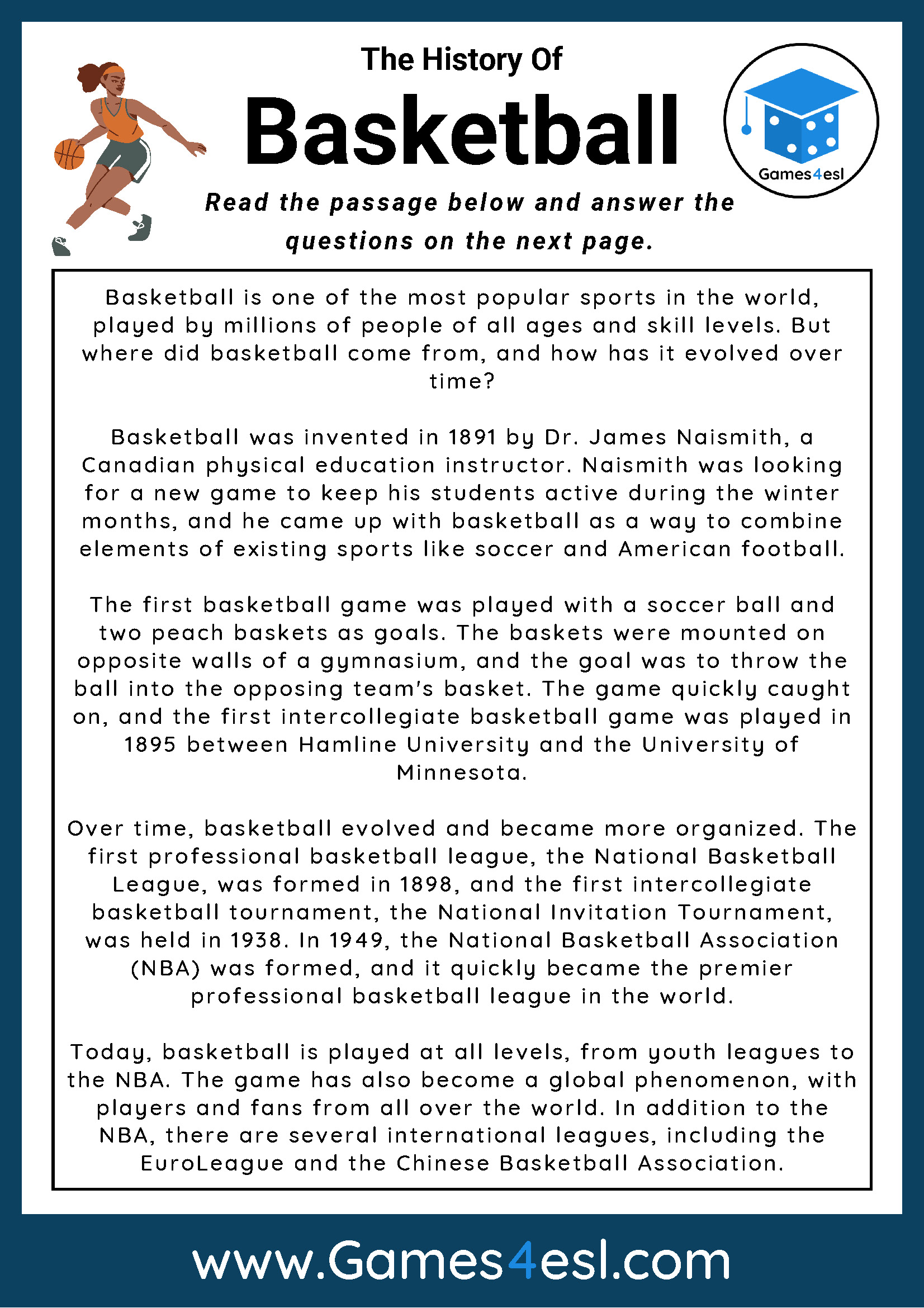 Basketball Reading Comprehension Worksheet Games4esl