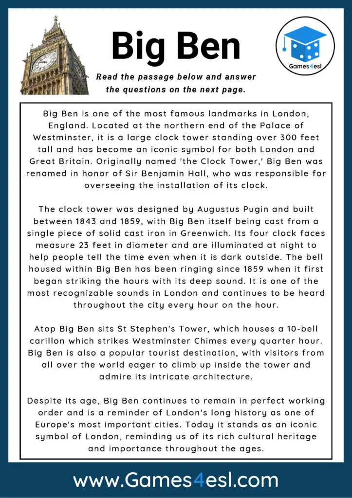 Reading Comprehension Worksheet About Big Ben