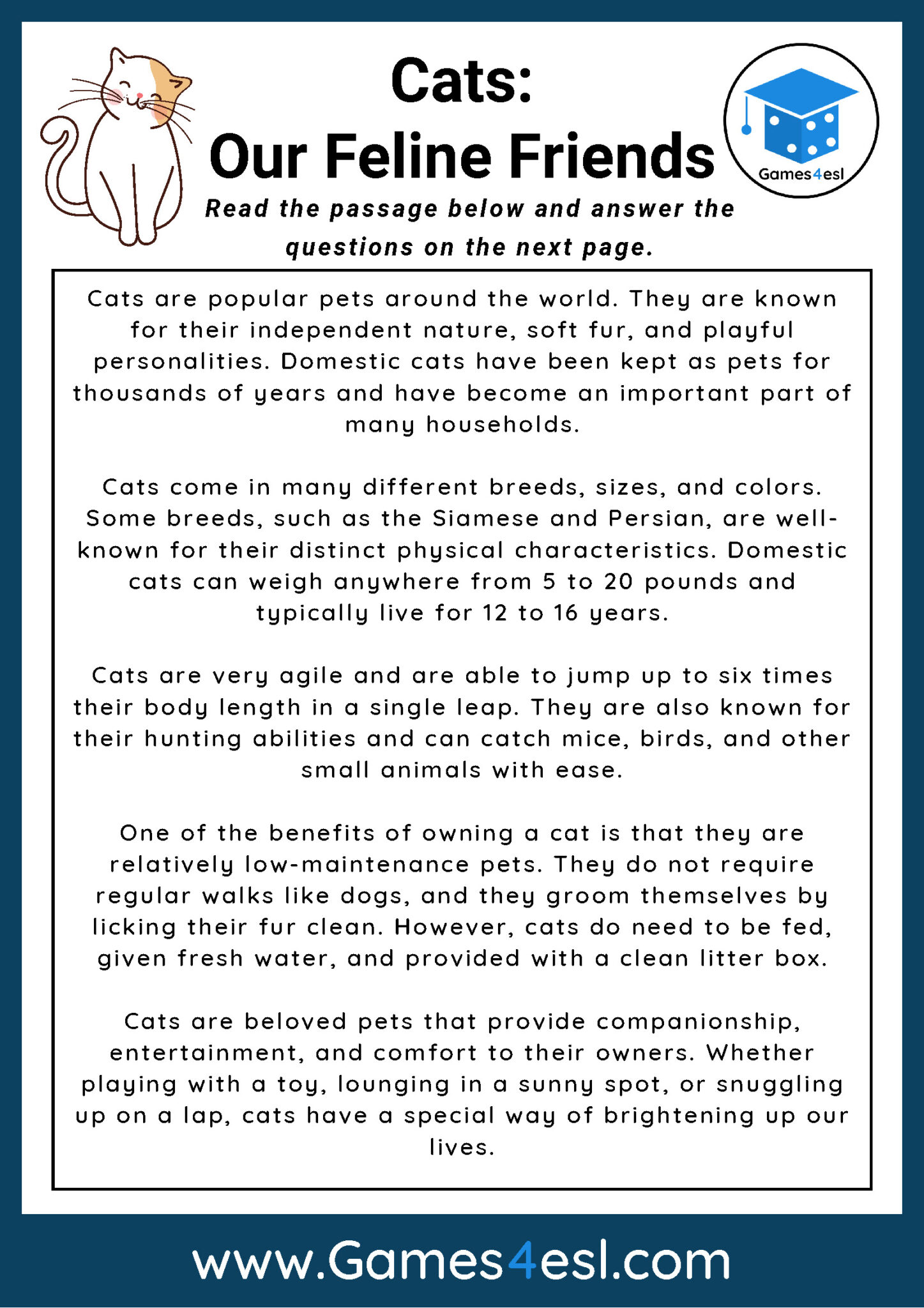 Cats - Reading Comprehension Worksheet | Games4esl