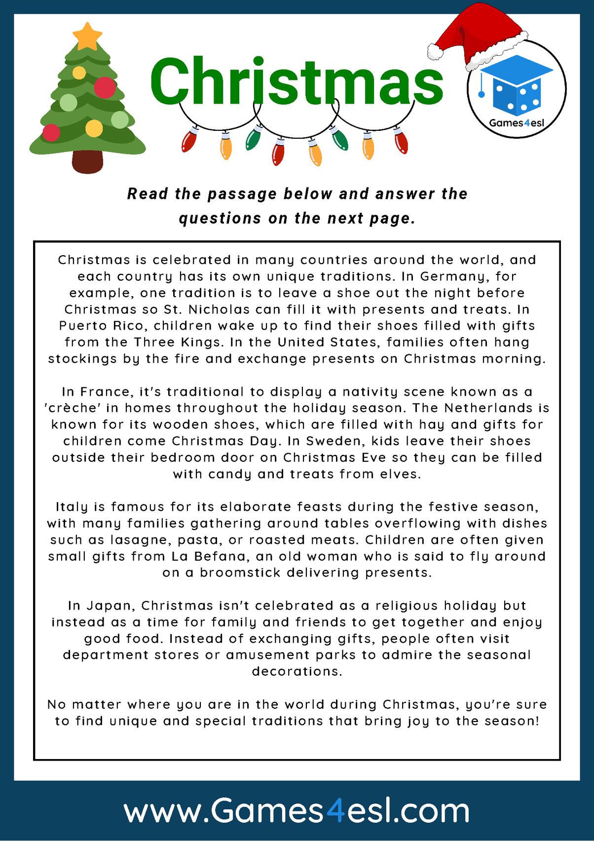 Reading Comprehension Worksheet About Christmas