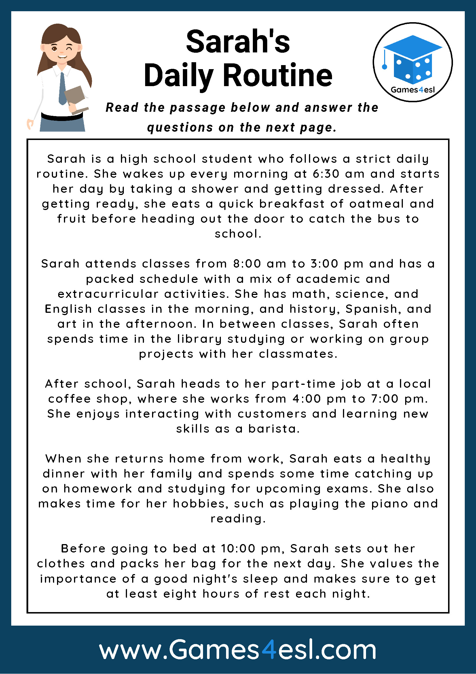 Daily Routine - Reading Comprehension Worksheet