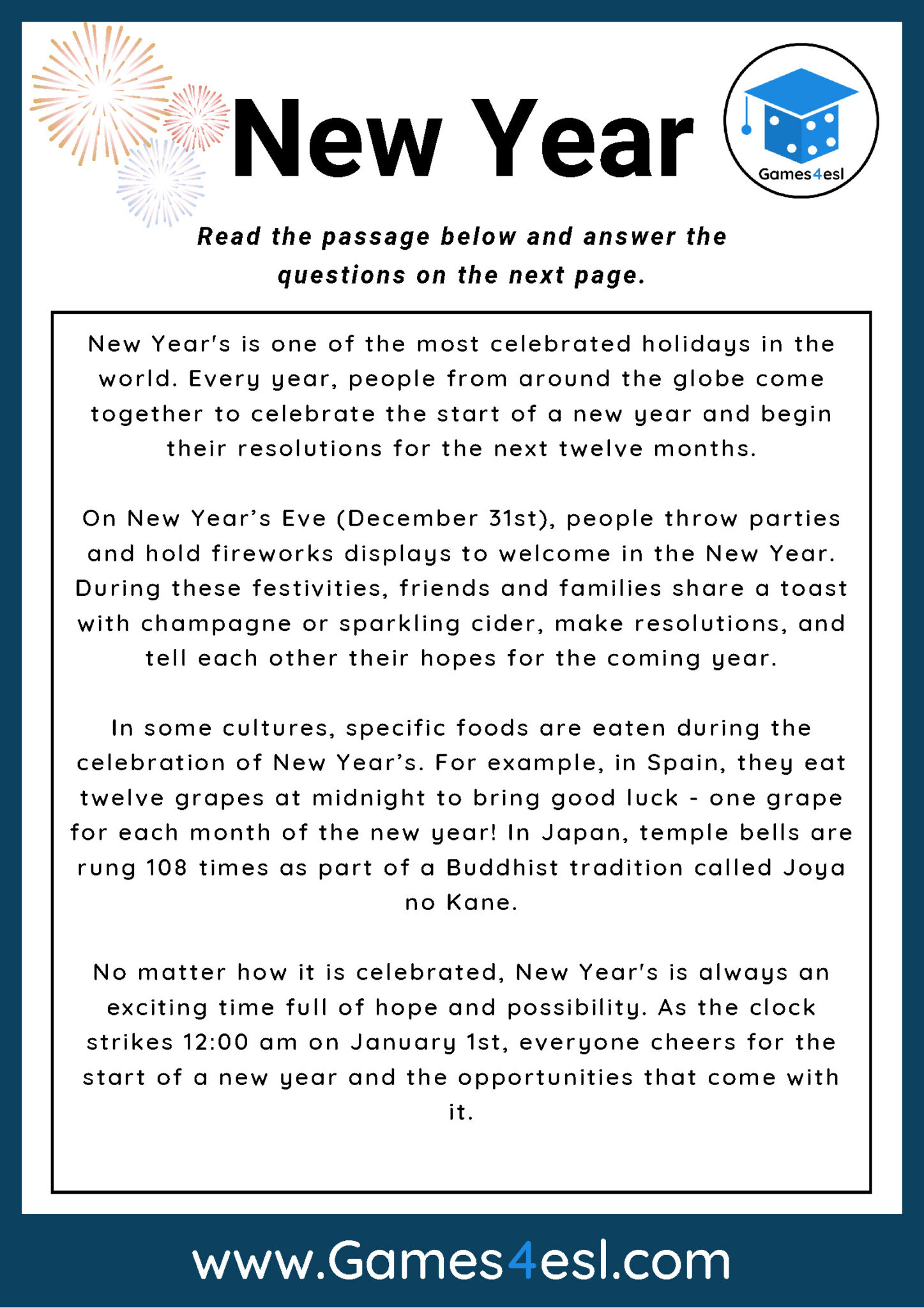 New Years - Reading Comprehension Worksheet | Games4esl