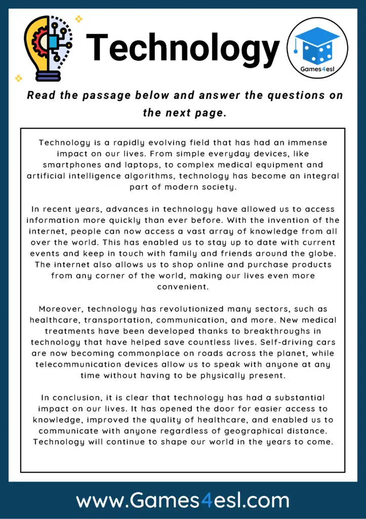 Reading Comprehension Worksheet About Technology