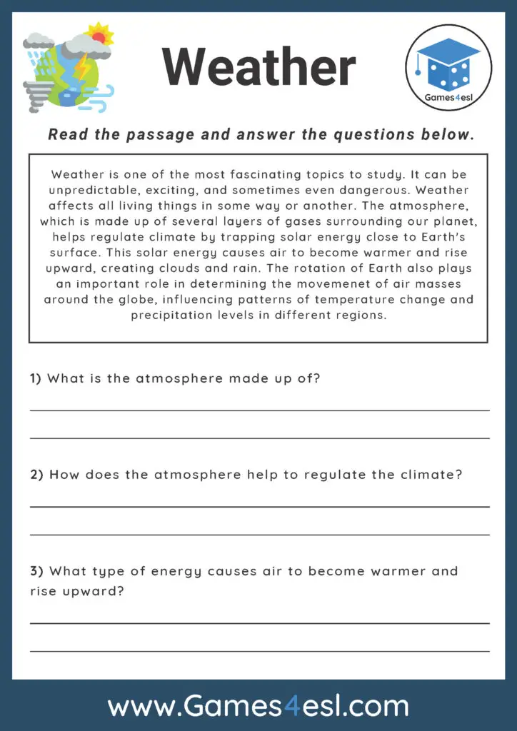 Reading Comprehension Worksheet About Weather