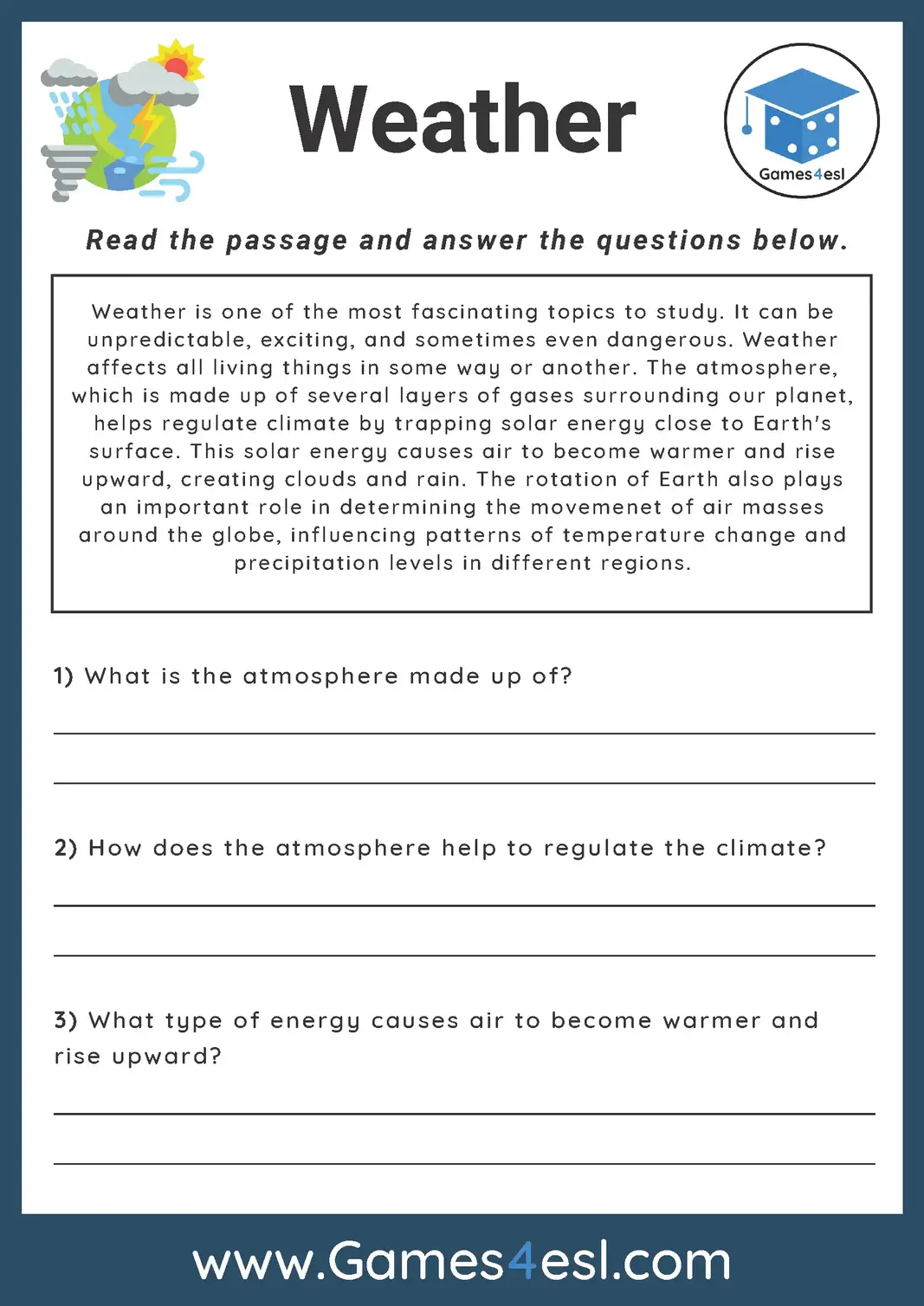 Reading Comprehension Worksheet About Weather