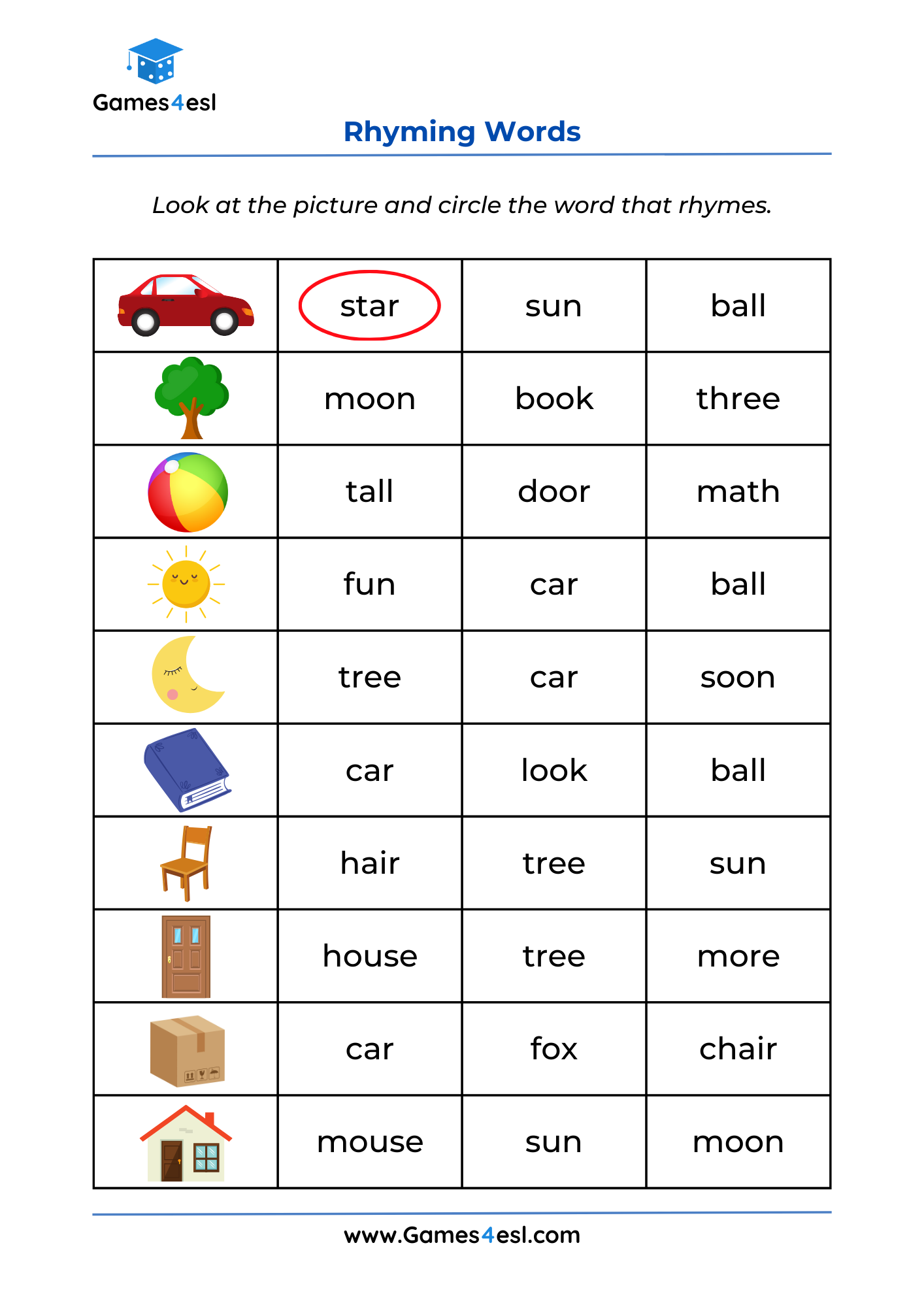 A Worksheet for practicing rhyming words in English.