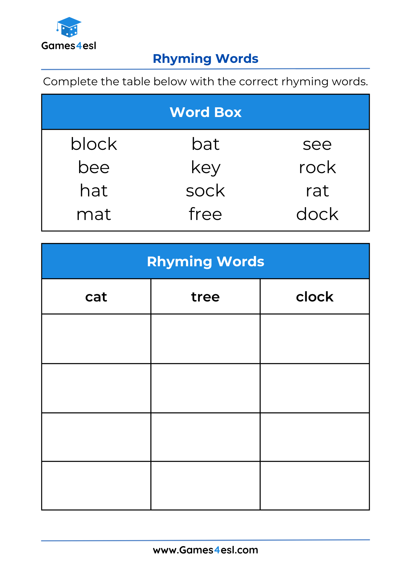 A Worksheet for practicing rhyming words in English.