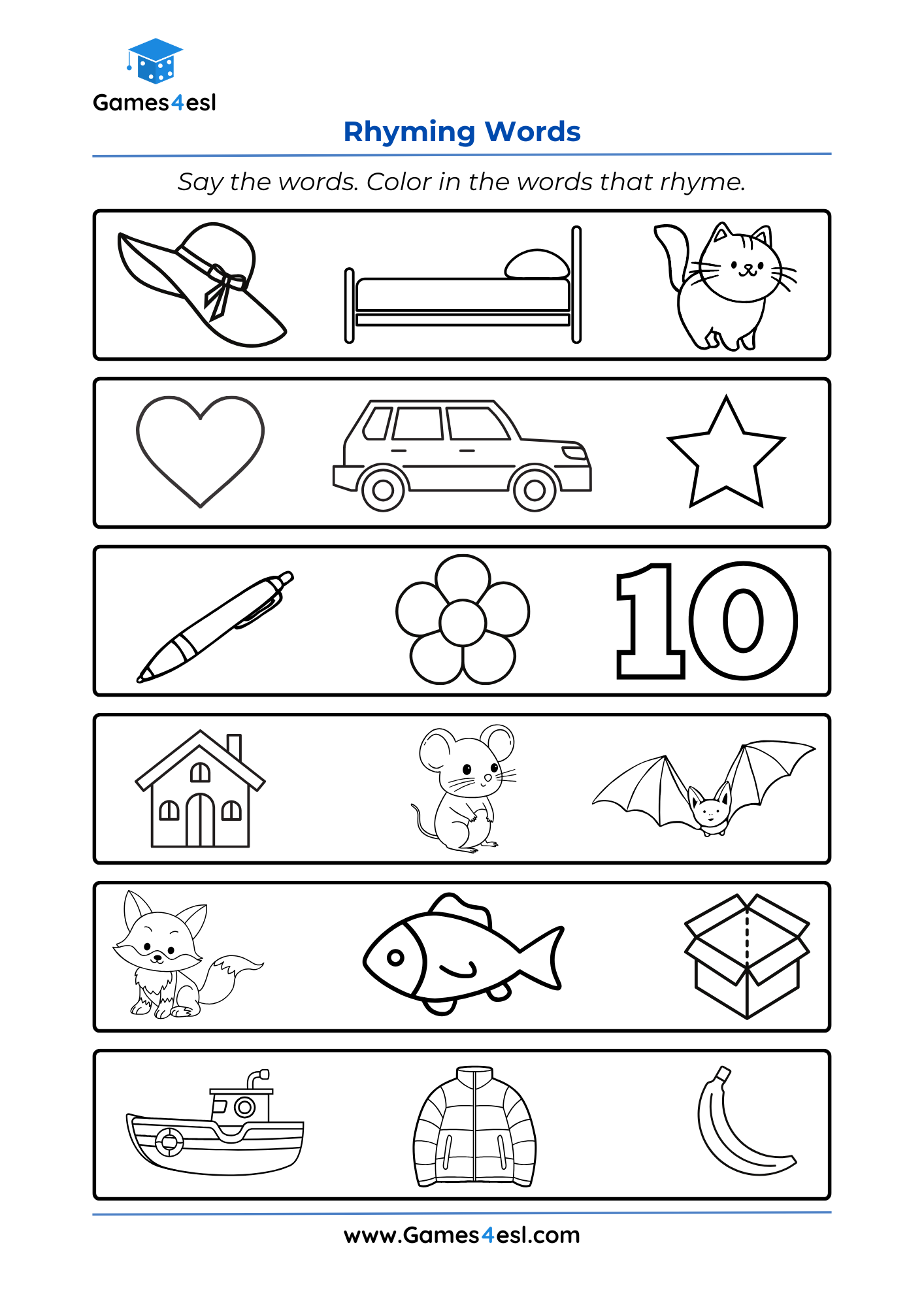 A Worksheet for practicing rhyming words in English.