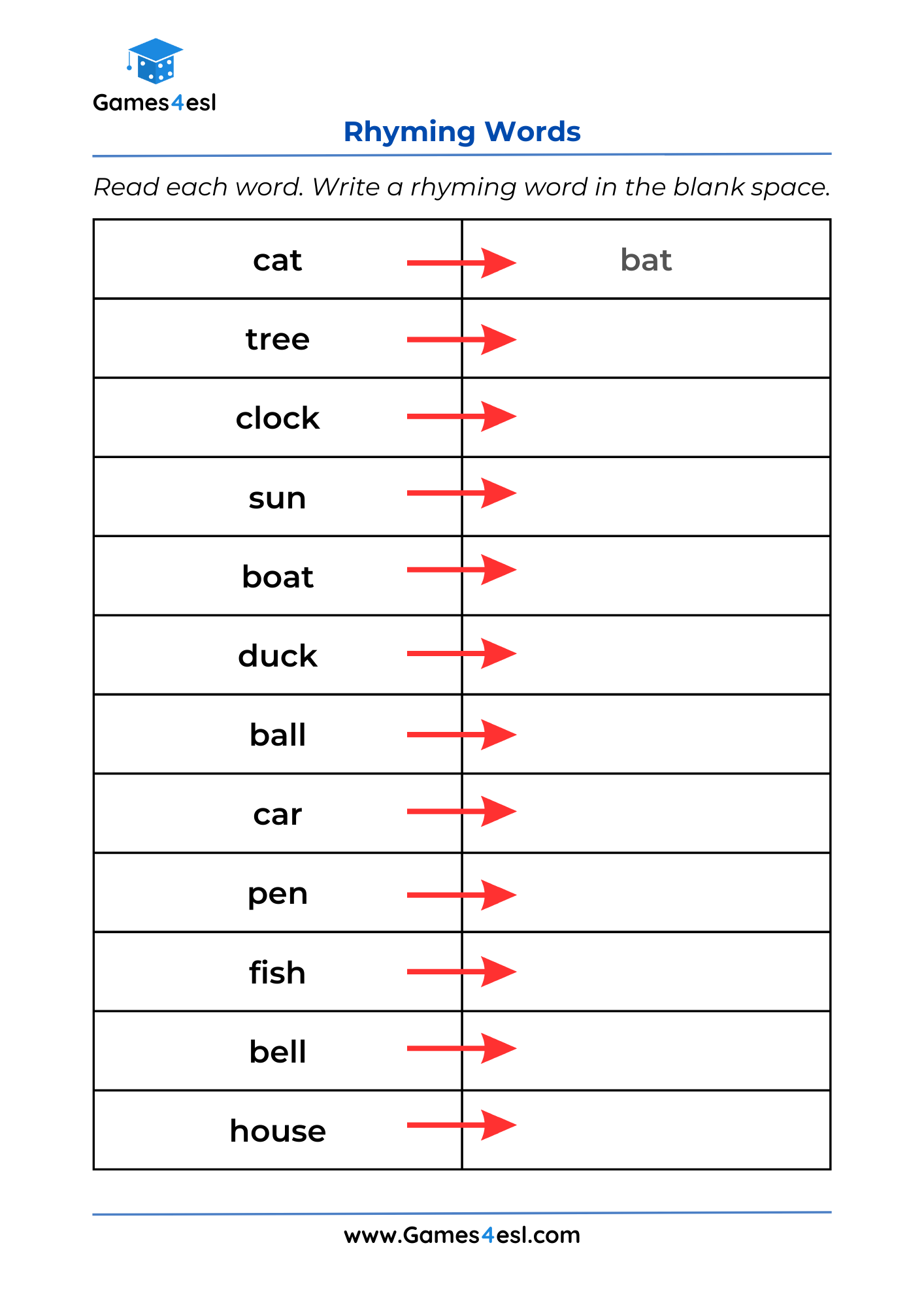 A Worksheet for practicing rhyming words in English.