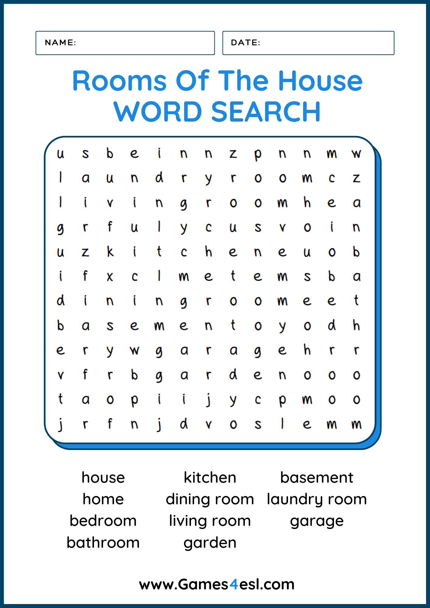 A Word Search about rooms of the house in English.