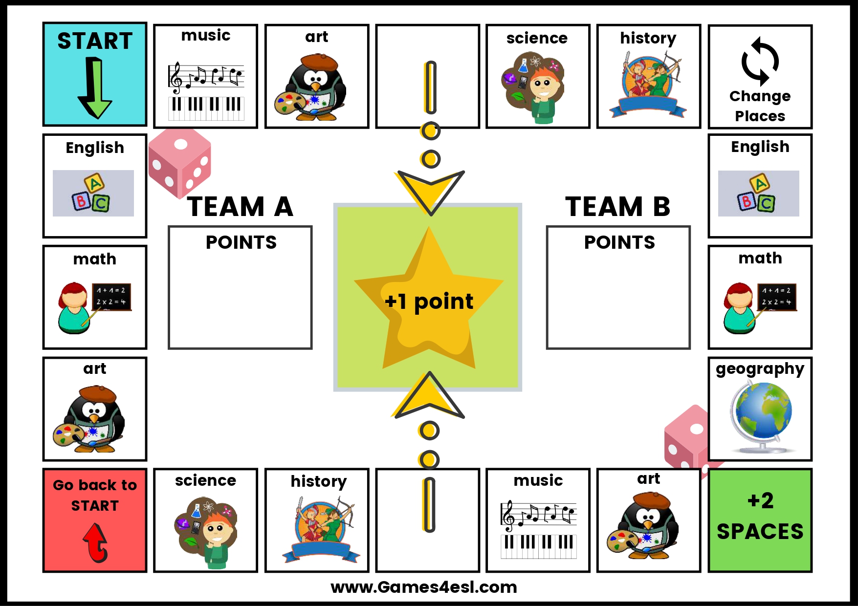 A printable board game for teaching school subjects in English.