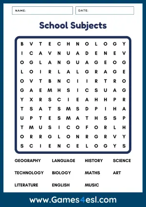 School Subjects Word Search