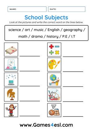 School Subjects Vocabulary Worksheet