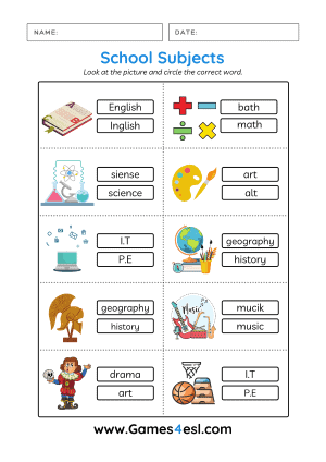 School Subjects in English Worksheet