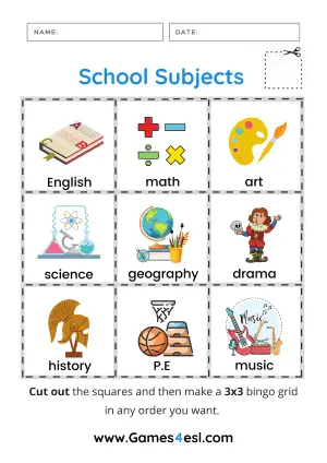 School Subjects Bingo Worksheet