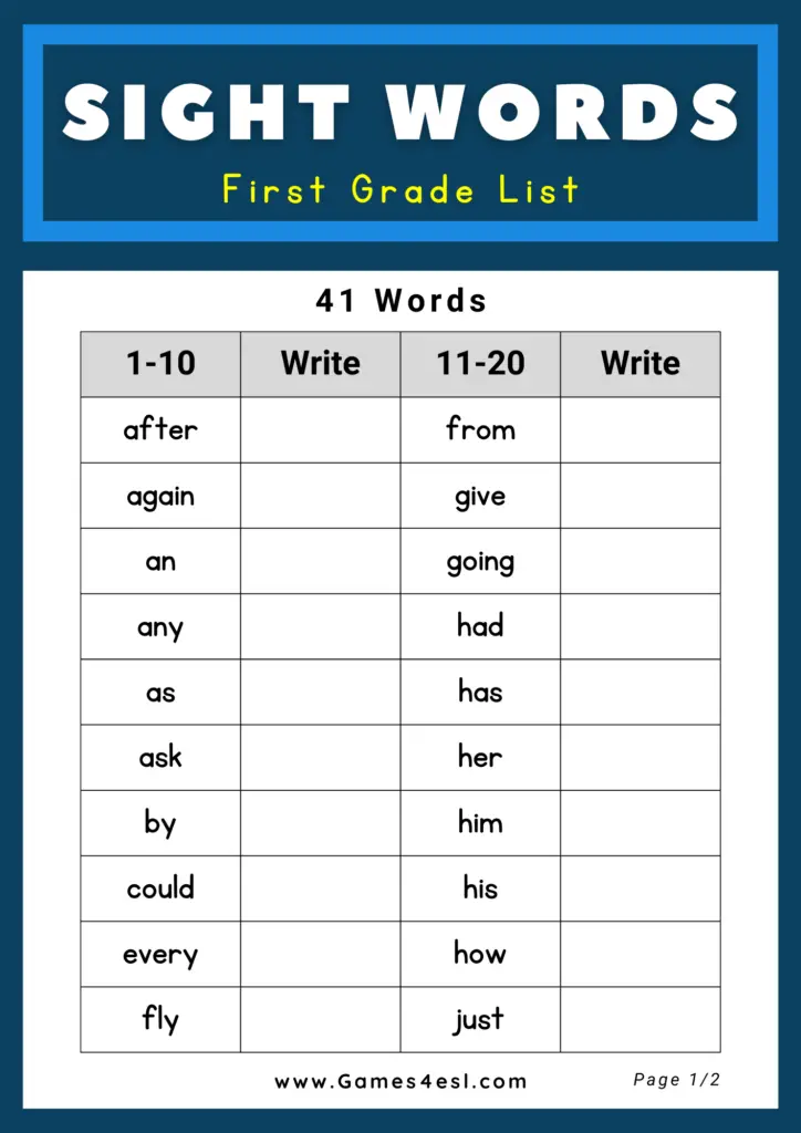 Grade 1 Sight Word List