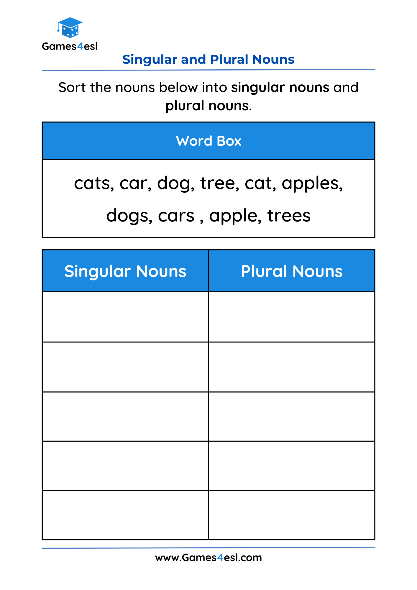 A worksheet for practicing singular and plural nouns in English.