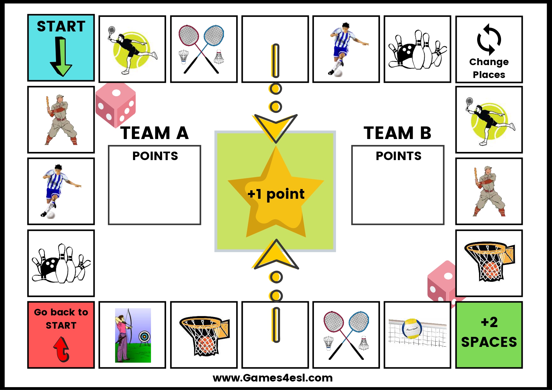A printable board game for teaching the names of sports in English.