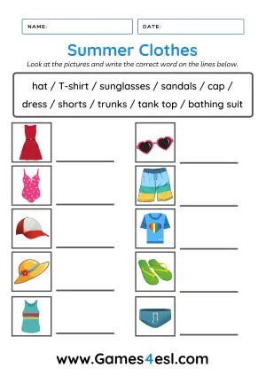 Summer Clothes Worksheet