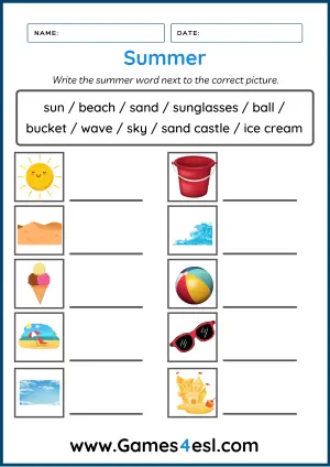Summer Vocabulary Worksheet