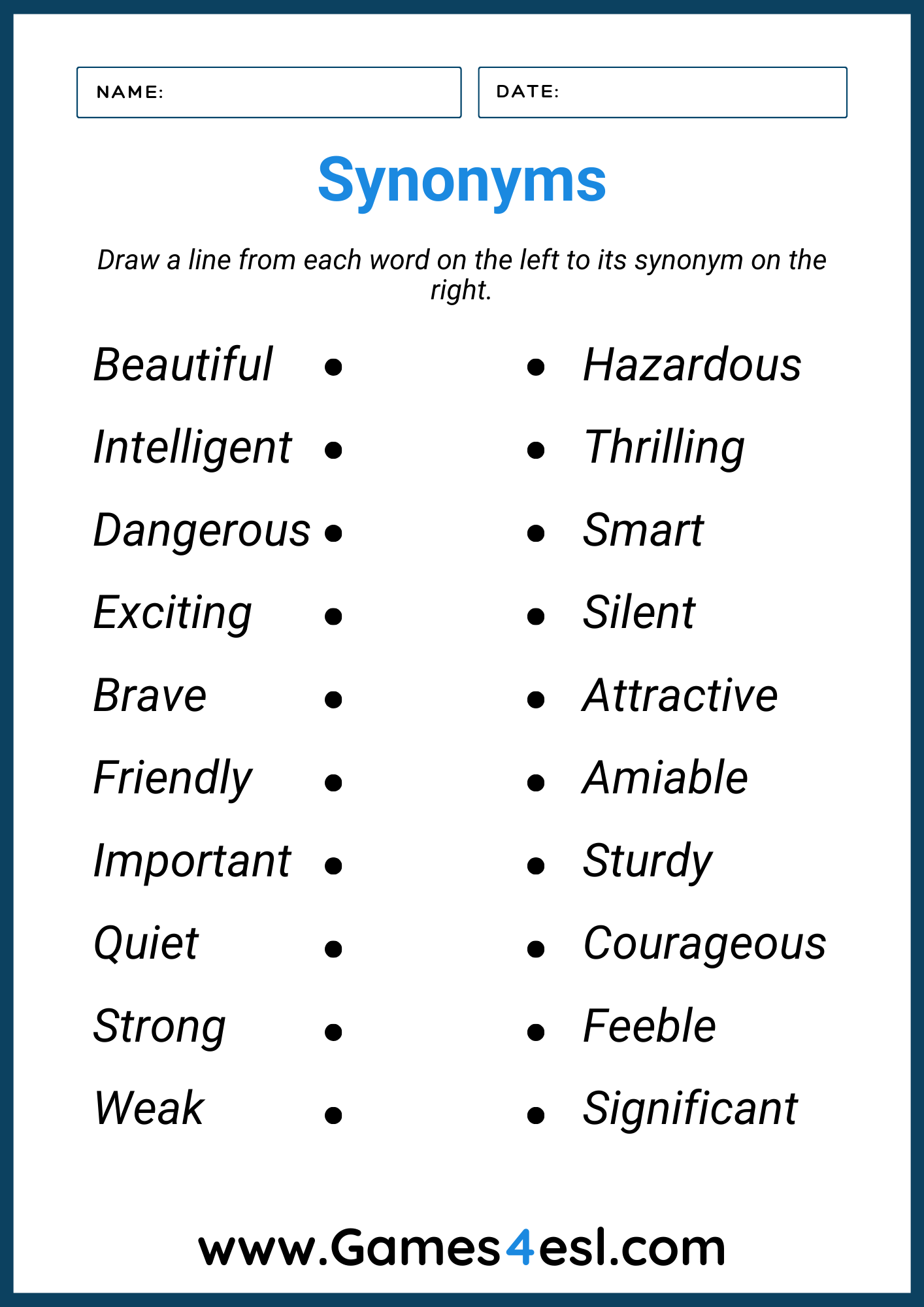 A worksheet that requires students to match the word to its synonym