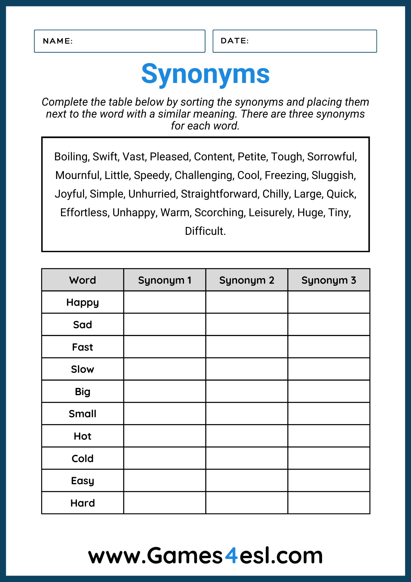 A worksheet for practicing synonyms