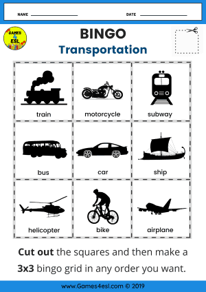Transportation Bingo Worksheet