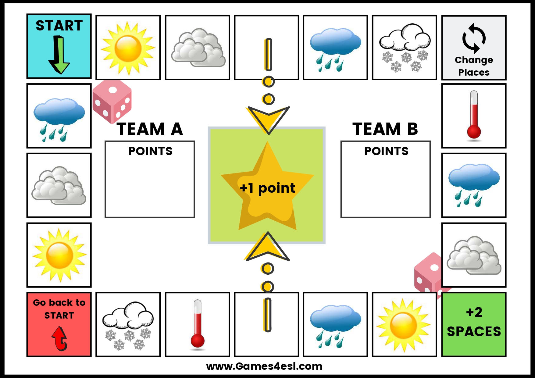 A printable board game for teaching weather vocabulary.