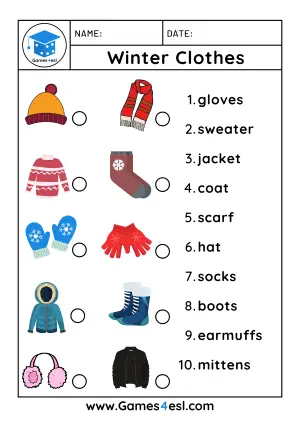 Winter Clothes Worksheet