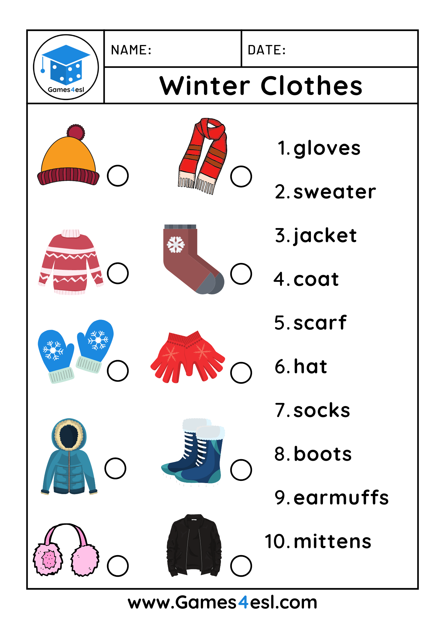 Winter Clothes Worksheets