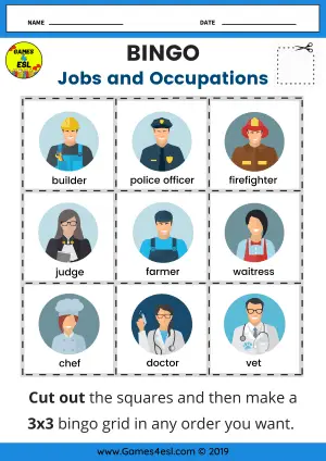 Jobs Bingo Worksheet